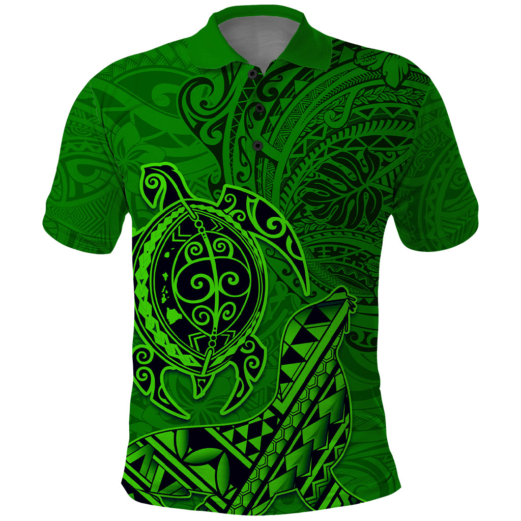 Hawaii Monk Seal and Dolphin Polo Shirt Polynesian Kakau Pattern Green LT03 Green - Polynesian Pride