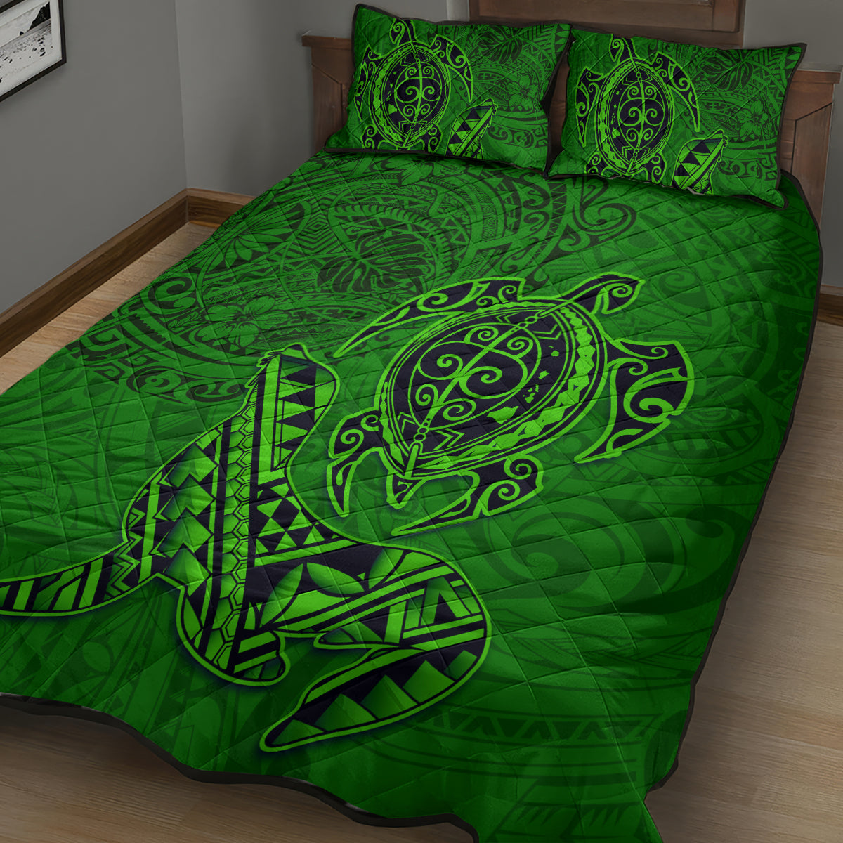 Hawaii Monk Seal and Dolphin Quilt Bed Set Polynesian Kakau Pattern Green