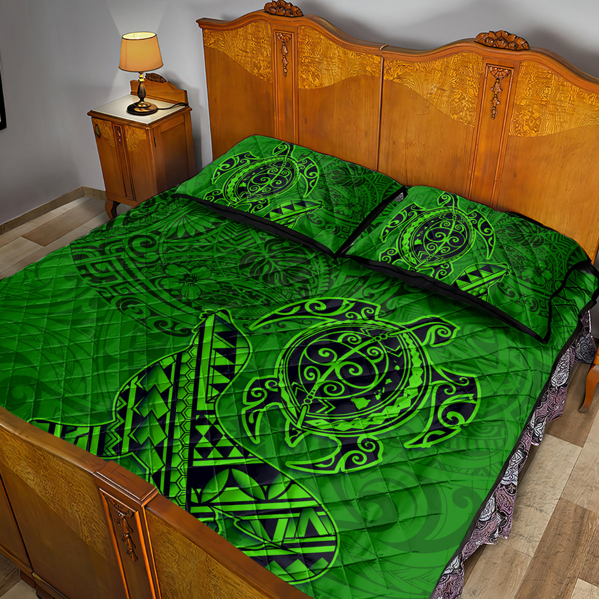 Hawaii Monk Seal and Dolphin Quilt Bed Set Polynesian Kakau Pattern Green