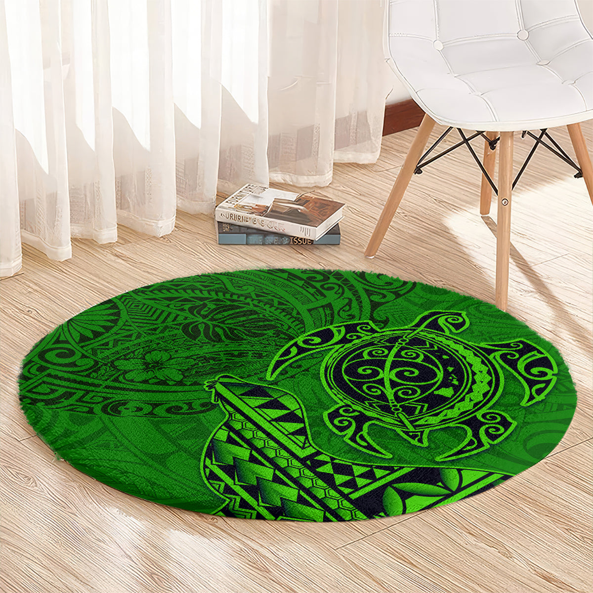 Hawaii Monk Seal and Dolphin Round Carpet Polynesian Kakau Pattern Green