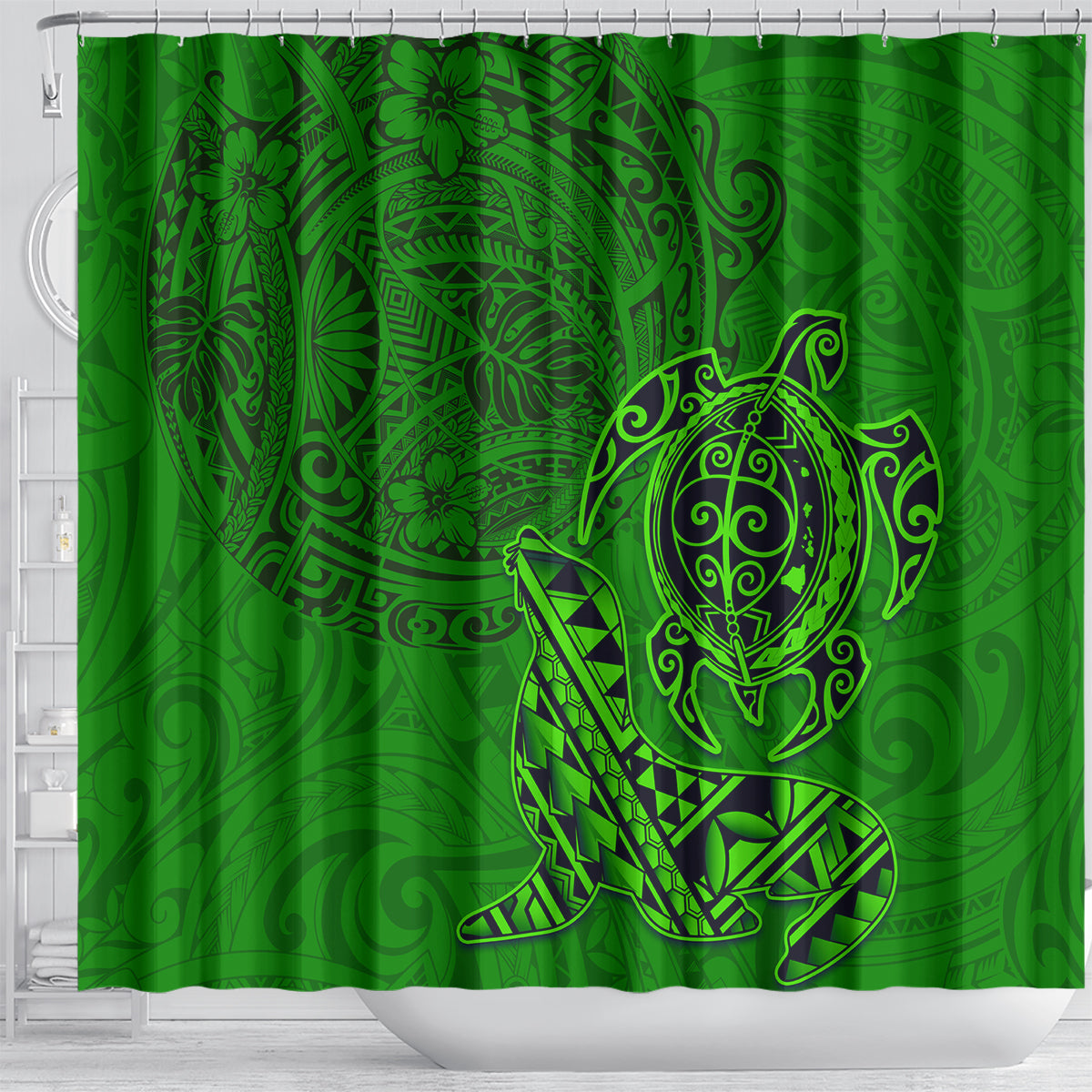 Hawaii Monk Seal and Dolphin Shower Curtain Polynesian Kakau Pattern Green