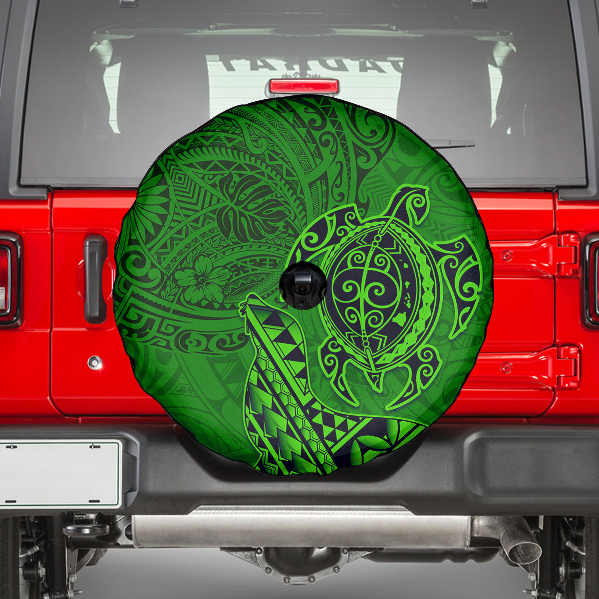 Hawaii Monk Seal and Dolphin Spare Tire Cover Polynesian Kakau Pattern Green