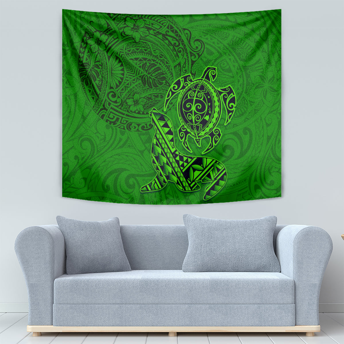 Hawaii Monk Seal and Dolphin Tapestry Polynesian Kakau Pattern Green