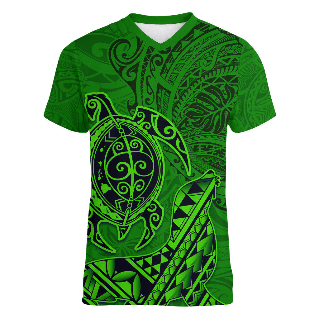 Hawaii Monk Seal and Dolphin Women V-Neck T-Shirt Polynesian Kakau Pattern Green