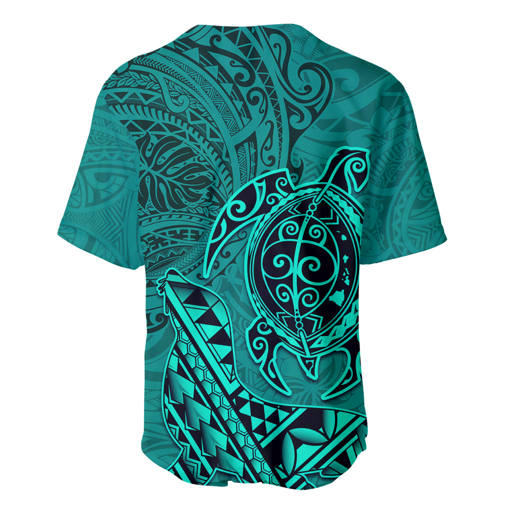Hawaii Monk Seal and Dolphin Baseball Jersey Polynesian Kakau Pattern Turquoise