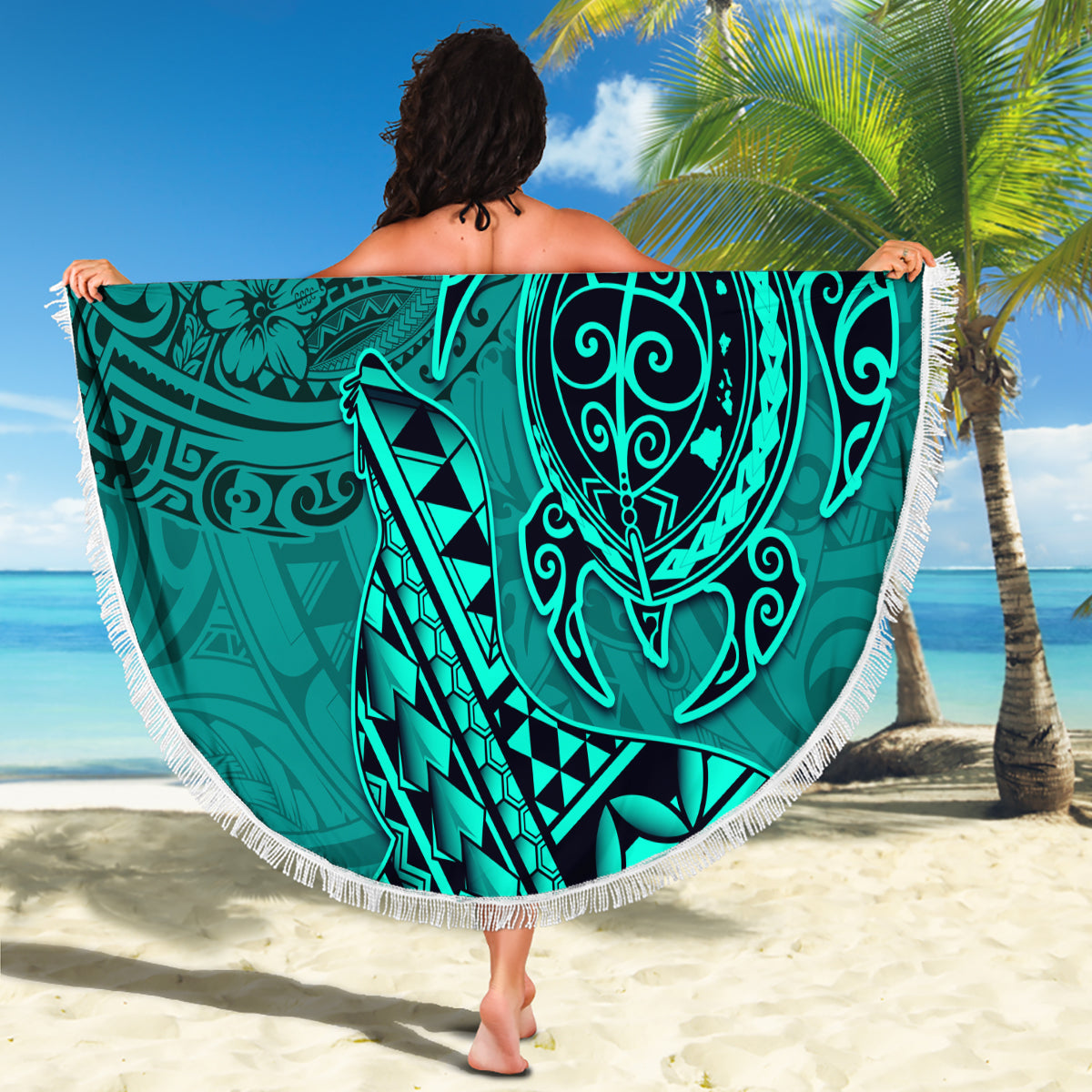 Hawaii Monk Seal and Dolphin Beach Blanket Polynesian Kakau Pattern Turquoise