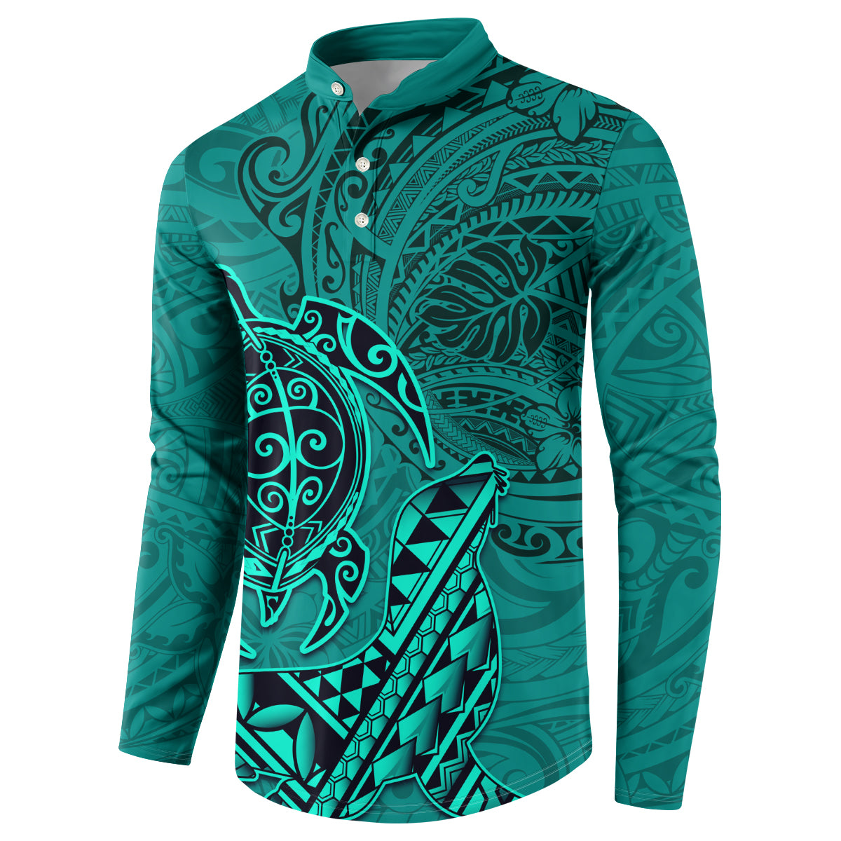Hawaii Monk Seal and Dolphin Button Sweatshirt Polynesian Kakau Pattern Turquoise