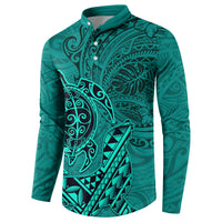 Hawaii Monk Seal and Dolphin Button Sweatshirt Polynesian Kakau Pattern Turquoise