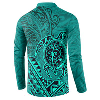 Hawaii Monk Seal and Dolphin Button Sweatshirt Polynesian Kakau Pattern Turquoise