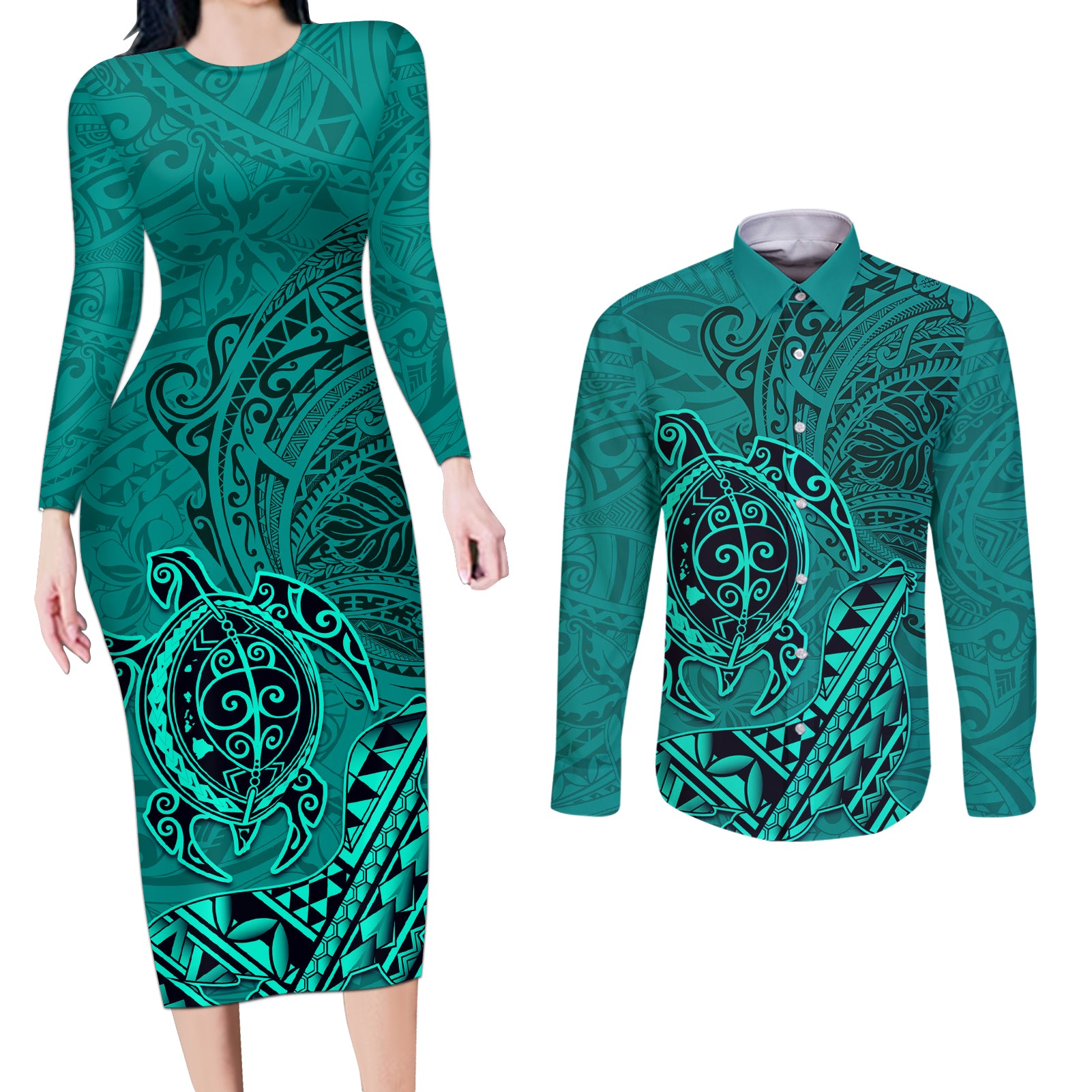 Hawaii Monk Seal and Dolphin Couples Matching Long Sleeve Bodycon Dress and Long Sleeve Button Shirt Polynesian Kakau Pattern Turquoise