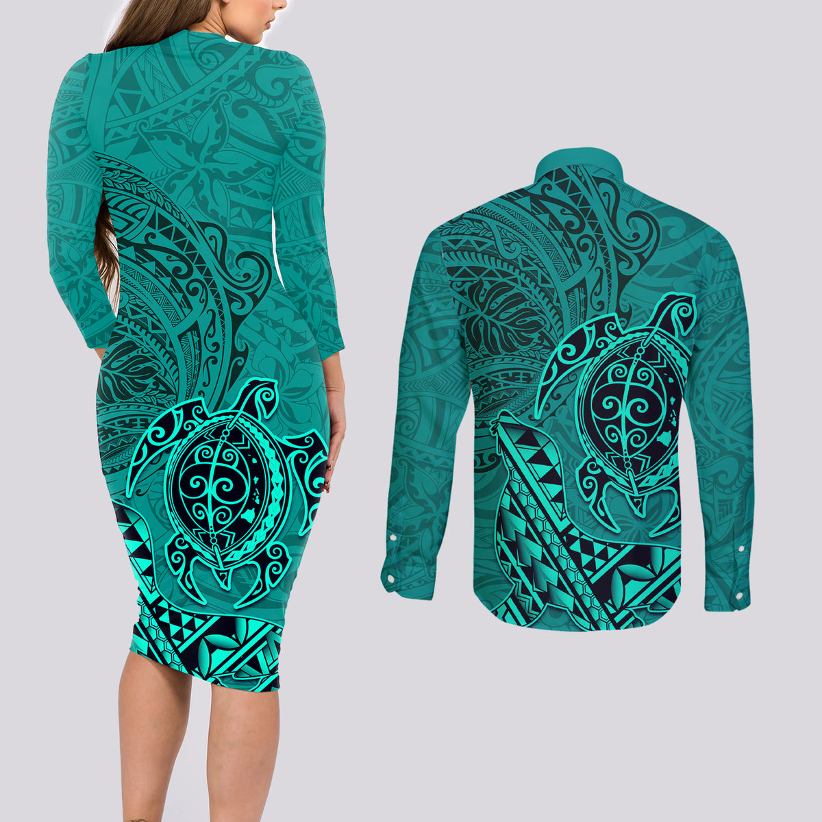 Hawaii Monk Seal and Dolphin Couples Matching Long Sleeve Bodycon Dress and Long Sleeve Button Shirt Polynesian Kakau Pattern Turquoise