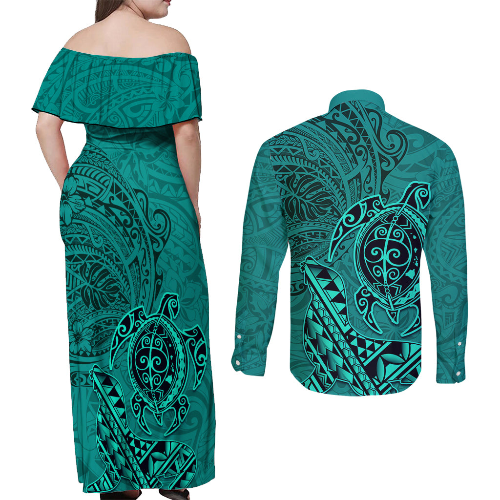 Hawaii Monk Seal and Dolphin Couples Matching Off Shoulder Maxi Dress and Long Sleeve Button Shirt Polynesian Kakau Pattern Turquoise