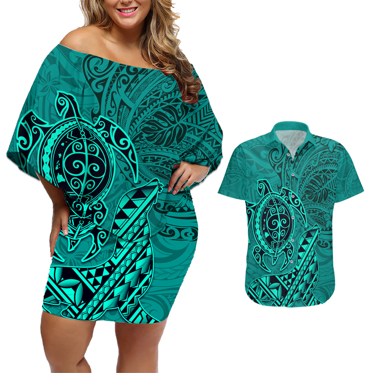 Hawaii Monk Seal and Dolphin Couples Matching Off Shoulder Short Dress and Hawaiian Shirt Polynesian Kakau Pattern Turquoise