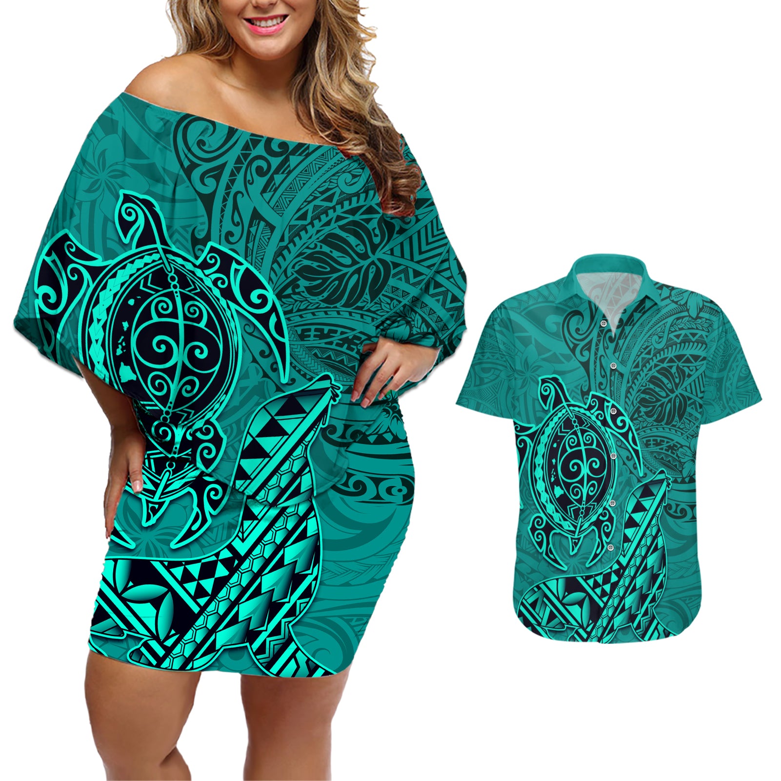 Hawaii Monk Seal and Dolphin Couples Matching Off Shoulder Short Dress and Hawaiian Shirt Polynesian Kakau Pattern Turquoise
