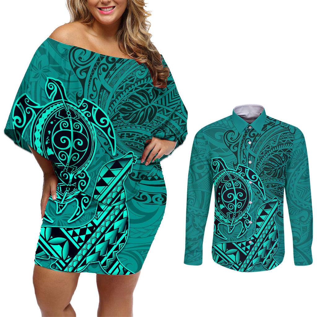Hawaii Monk Seal and Dolphin Couples Matching Off Shoulder Short Dress and Long Sleeve Button Shirt Polynesian Kakau Pattern Turquoise