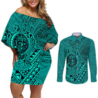 Hawaii Monk Seal and Dolphin Couples Matching Off Shoulder Short Dress and Long Sleeve Button Shirt Polynesian Kakau Pattern Turquoise