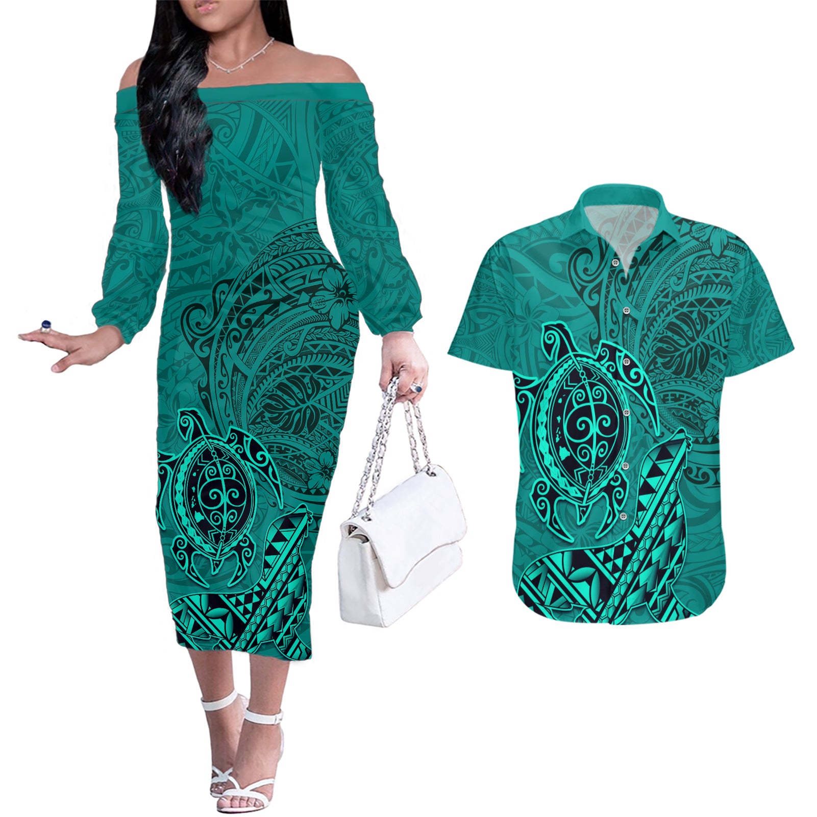 Hawaii Monk Seal and Dolphin Couples Matching Off The Shoulder Long Sleeve Dress and Hawaiian Shirt Polynesian Kakau Pattern Turquoise