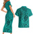 Hawaii Monk Seal and Dolphin Couples Matching Short Sleeve Bodycon Dress and Hawaiian Shirt Polynesian Kakau Pattern Turquoise