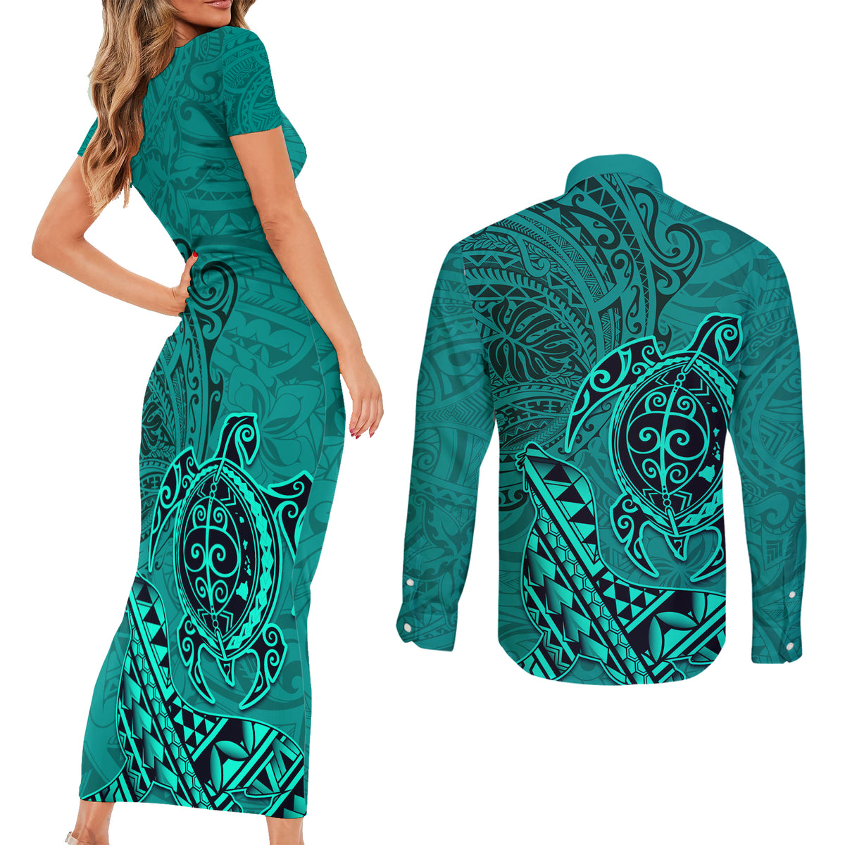 Hawaii Monk Seal and Dolphin Couples Matching Short Sleeve Bodycon Dress and Long Sleeve Button Shirt Polynesian Kakau Pattern Turquoise
