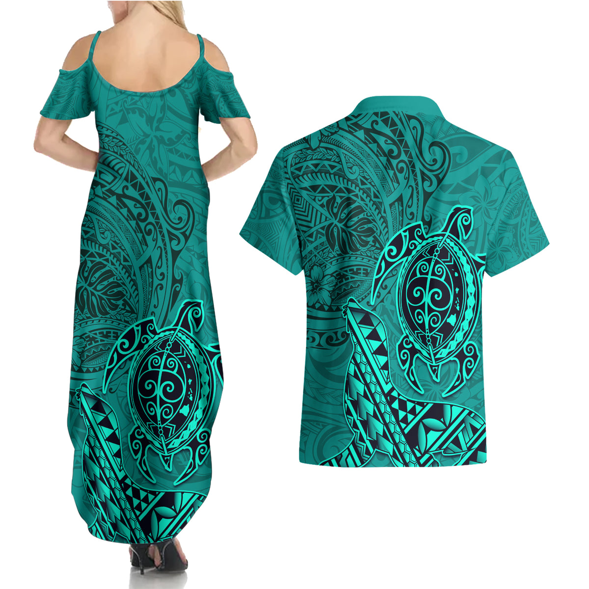 Hawaii Monk Seal and Dolphin Couples Matching Summer Maxi Dress and Hawaiian Shirt Polynesian Kakau Pattern Turquoise