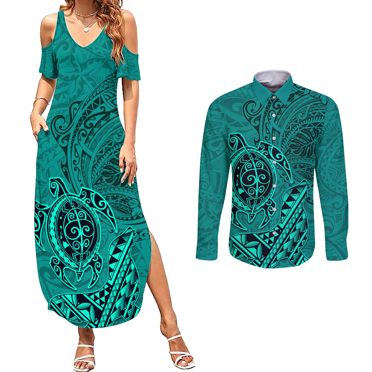 Hawaii Monk Seal and Dolphin Couples Matching Summer Maxi Dress and Long Sleeve Button Shirt Polynesian Kakau Pattern Turquoise