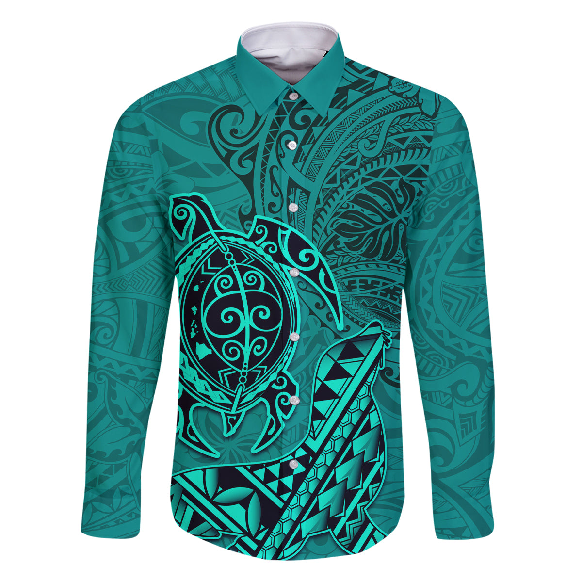 Hawaii Monk Seal and Dolphin Family Matching Mermaid Dress and Hawaiian Shirt Polynesian Kakau Pattern Turquoise