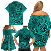 Hawaii Monk Seal and Dolphin Family Matching Off Shoulder Short Dress and Hawaiian Shirt Polynesian Kakau Pattern Turquoise