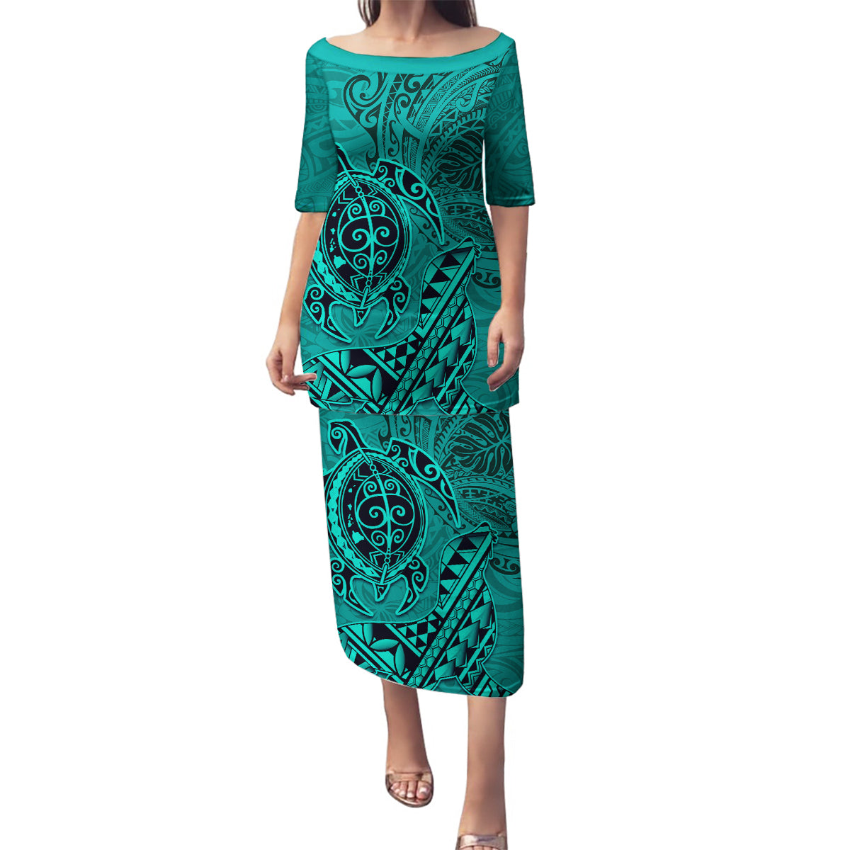 Hawaii Monk Seal and Dolphin Family Matching Puletasi and Hawaiian Shirt Polynesian Kakau Pattern Turquoise
