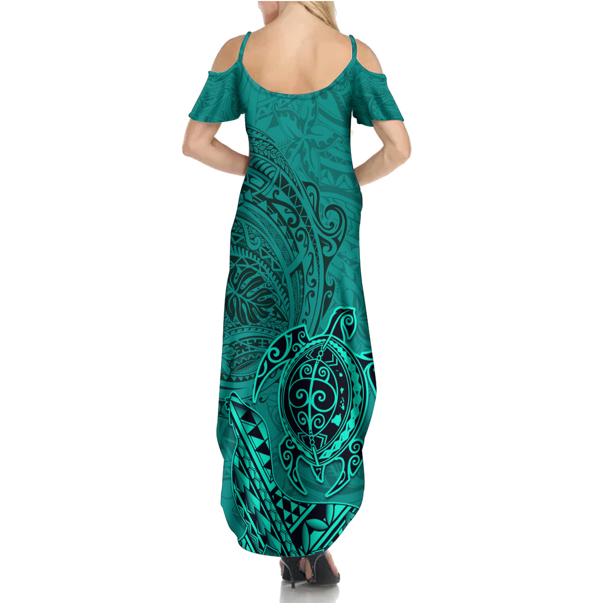 Hawaii Monk Seal and Dolphin Family Matching Summer Maxi Dress and Hawaiian Shirt Polynesian Kakau Pattern Turquoise