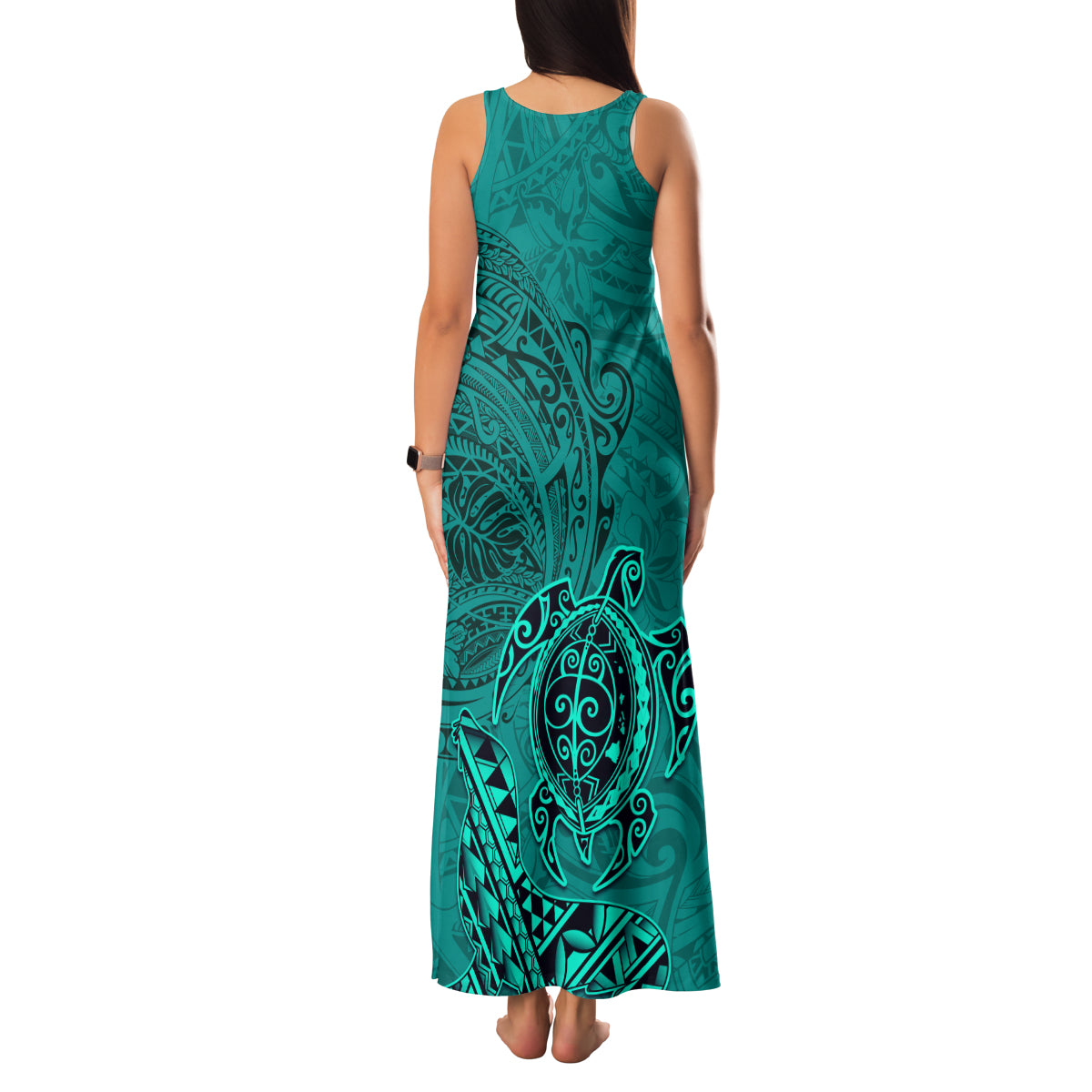 Hawaii Monk Seal and Dolphin Family Matching Tank Maxi Dress and Hawaiian Shirt Polynesian Kakau Pattern Turquoise