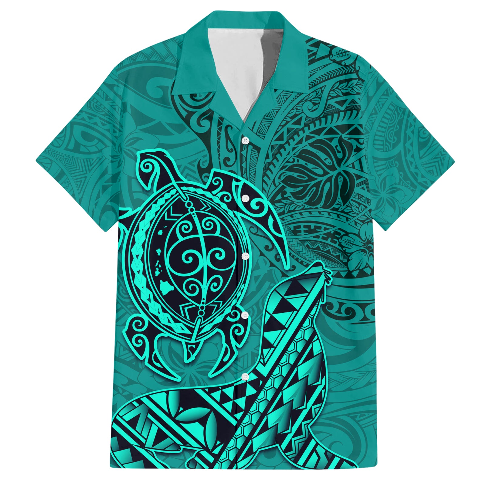 Hawaii Monk Seal and Dolphin Hawaiian Shirt Polynesian Kakau Pattern Turquoise