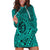 Hawaii Monk Seal and Dolphin Hoodie Dress Polynesian Kakau Pattern Turquoise