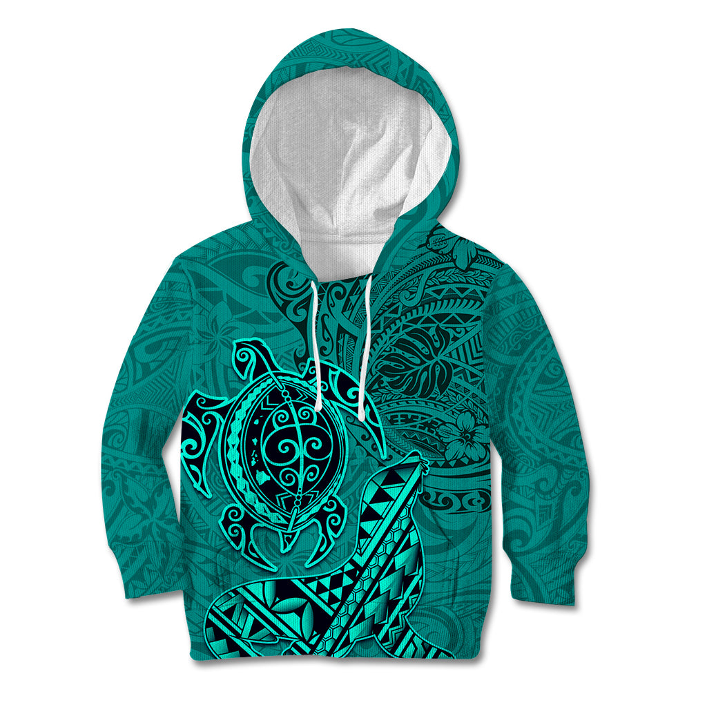 Hawaii Monk Seal and Dolphin Kid Hoodie Polynesian Kakau Pattern Turquoise