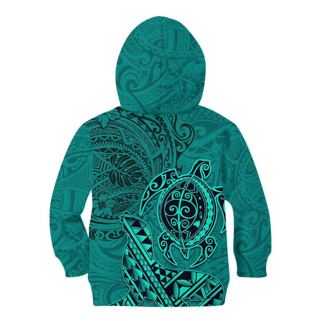 Hawaii Monk Seal and Dolphin Kid Hoodie Polynesian Kakau Pattern Turquoise