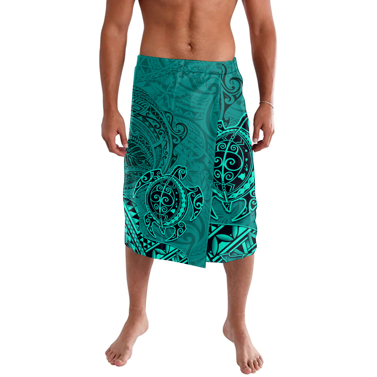 Hawaii Monk Seal and Dolphin Lavalava Polynesian Kakau Pattern Turquoise