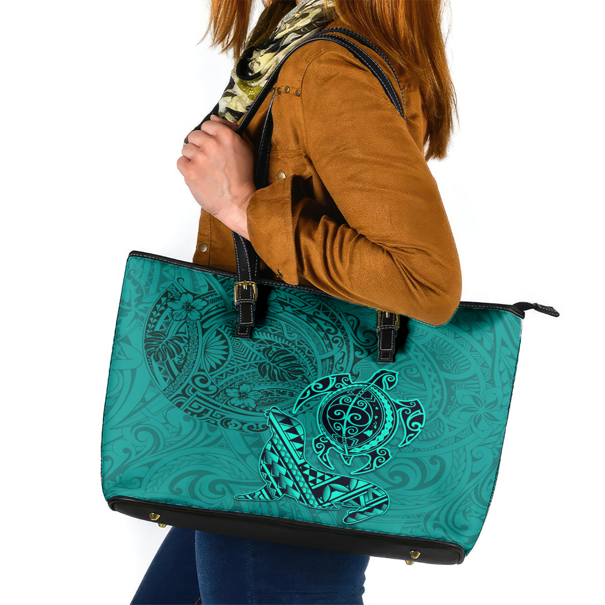 Hawaii Monk Seal and Dolphin Leather Tote Bag Polynesian Kakau Pattern Turquoise