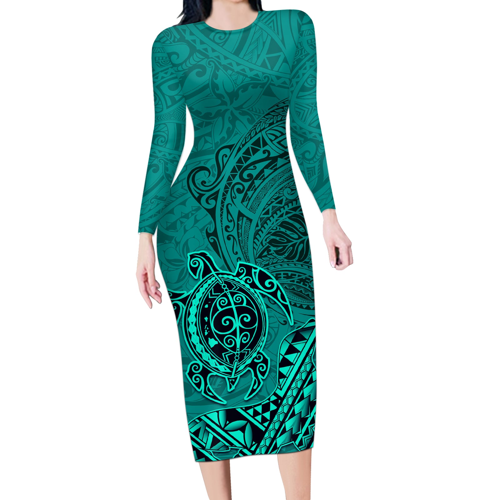 Hawaii Monk Seal and Dolphin Long Sleeve Bodycon Dress Polynesian Kakau Pattern Turquoise