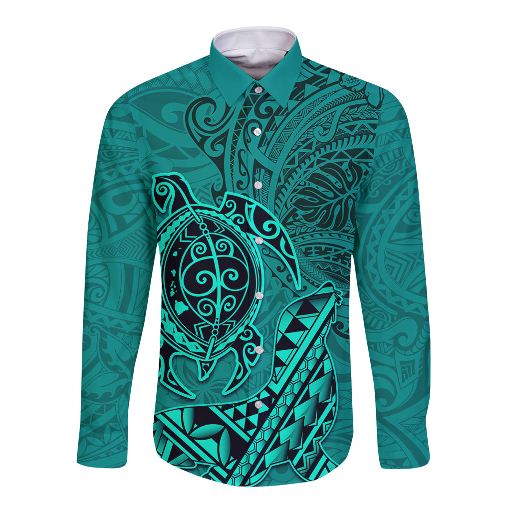 Hawaii Monk Seal and Dolphin Long Sleeve Button Shirt Polynesian Kakau Pattern Turquoise
