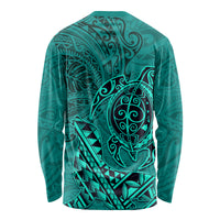 Hawaii Monk Seal and Dolphin Long Sleeve Shirt Polynesian Kakau Pattern Turquoise