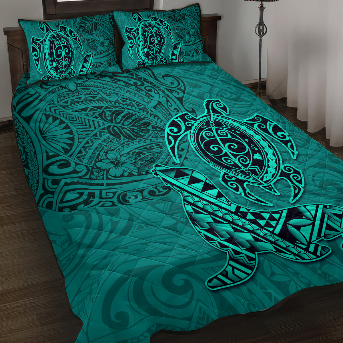 Hawaii Monk Seal and Dolphin Quilt Bed Set Polynesian Kakau Pattern Turquoise