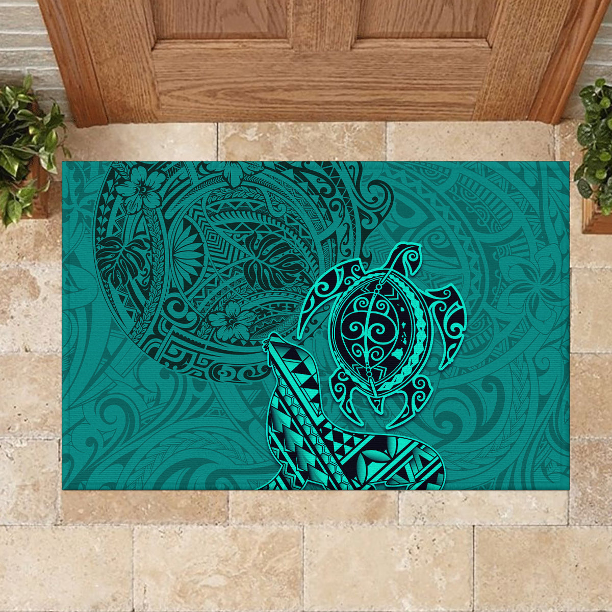 Hawaii Monk Seal and Dolphin Rubber Doormat Polynesian Kakau Pattern Turquoise