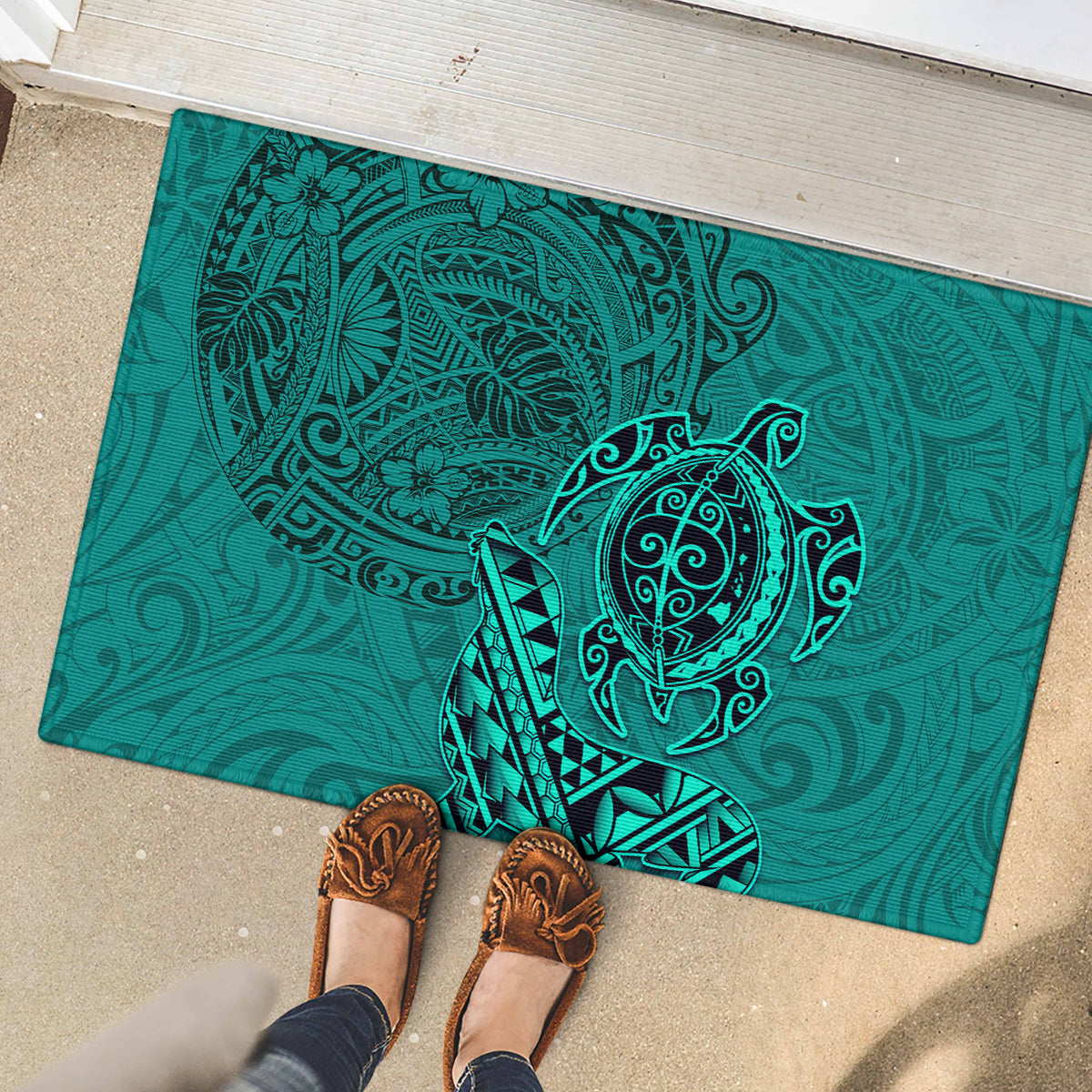 Hawaii Monk Seal and Dolphin Rubber Doormat Polynesian Kakau Pattern Turquoise