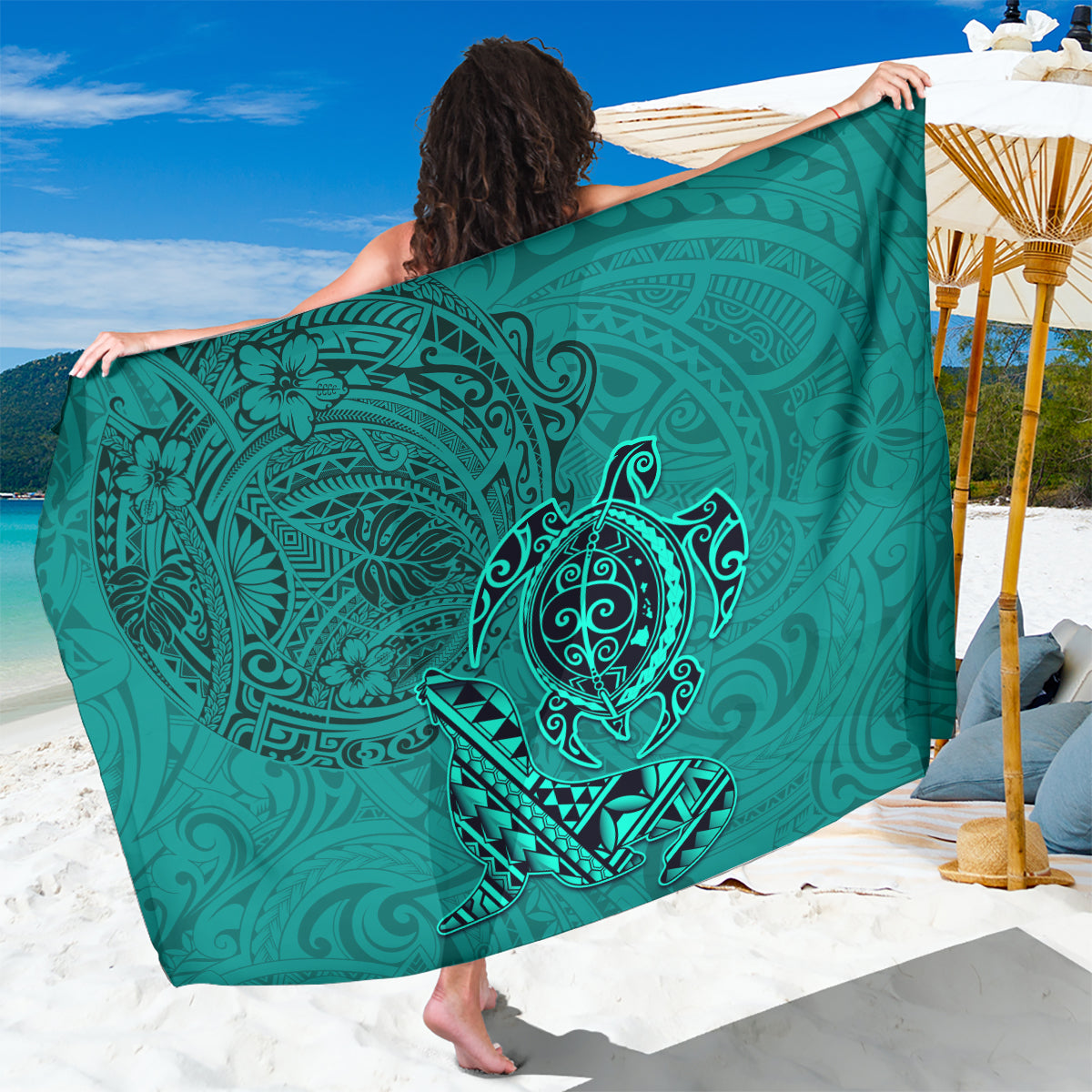 Hawaii Monk Seal and Dolphin Sarong Polynesian Kakau Pattern Turquoise