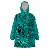 Hawaii Monk Seal and Dolphin Wearable Blanket Hoodie Polynesian Kakau Pattern Turquoise