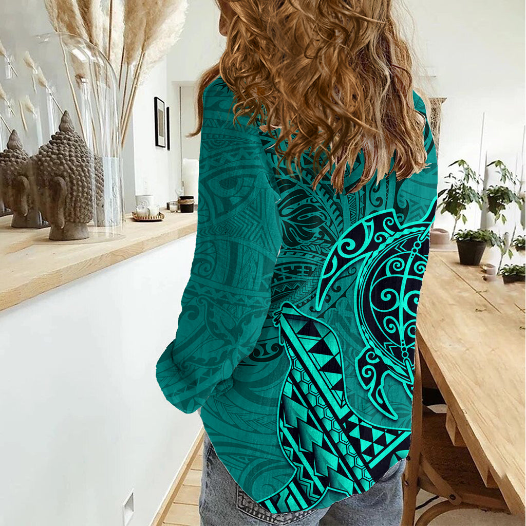 Hawaii Monk Seal and Dolphin Women Casual Shirt Polynesian Kakau Pattern Turquoise