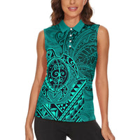 Hawaii Monk Seal and Dolphin Women Sleeveless Polo Shirt Polynesian Kakau Pattern Turquoise