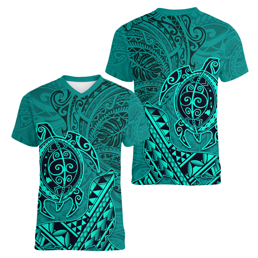 Hawaii Monk Seal and Dolphin Women V-Neck T-Shirt Polynesian Kakau Pattern Turquoise