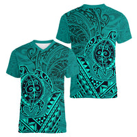 Hawaii Monk Seal and Dolphin Women V-Neck T-Shirt Polynesian Kakau Pattern Turquoise