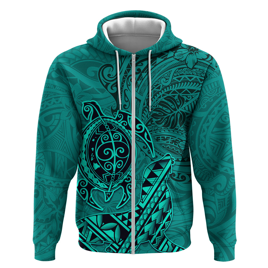 Hawaii Monk Seal and Dolphin Zip Hoodie Polynesian Kakau Pattern Turquoise