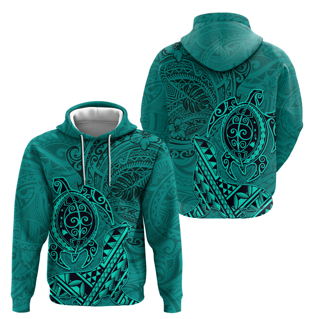 Hawaii Monk Seal and Dolphin Zip Hoodie Polynesian Kakau Pattern Turquoise